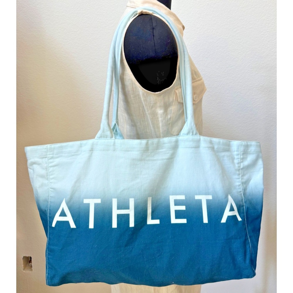 Athleta Canvas Tote Bag Blue White Ombre Dip Dye Large Logo Gym Beach Bag